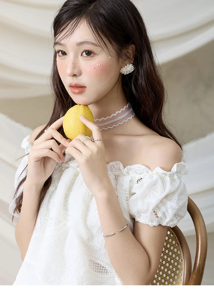 MISHOW Slash Neck Lace Blouse Short Sleeve Solid MXE35X1775