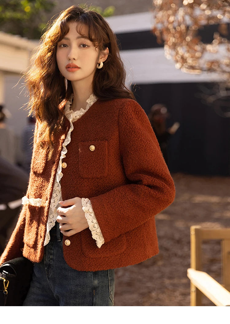 MISHOW Wool Coat Lace Splicing Lamb Wool Button Pockets MXB43W0720