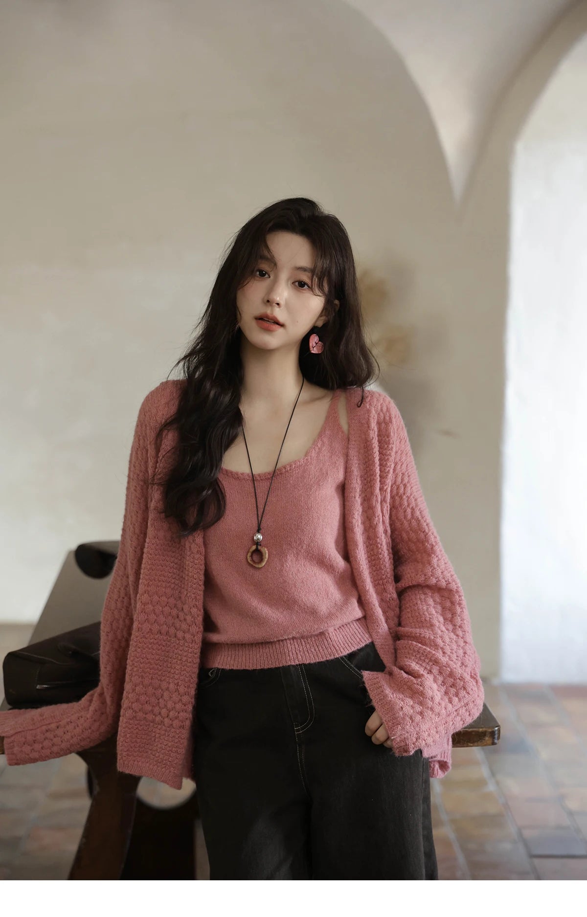 Mishow Pink Long Sleeves Cardigan with Vest Set MXE44T0737