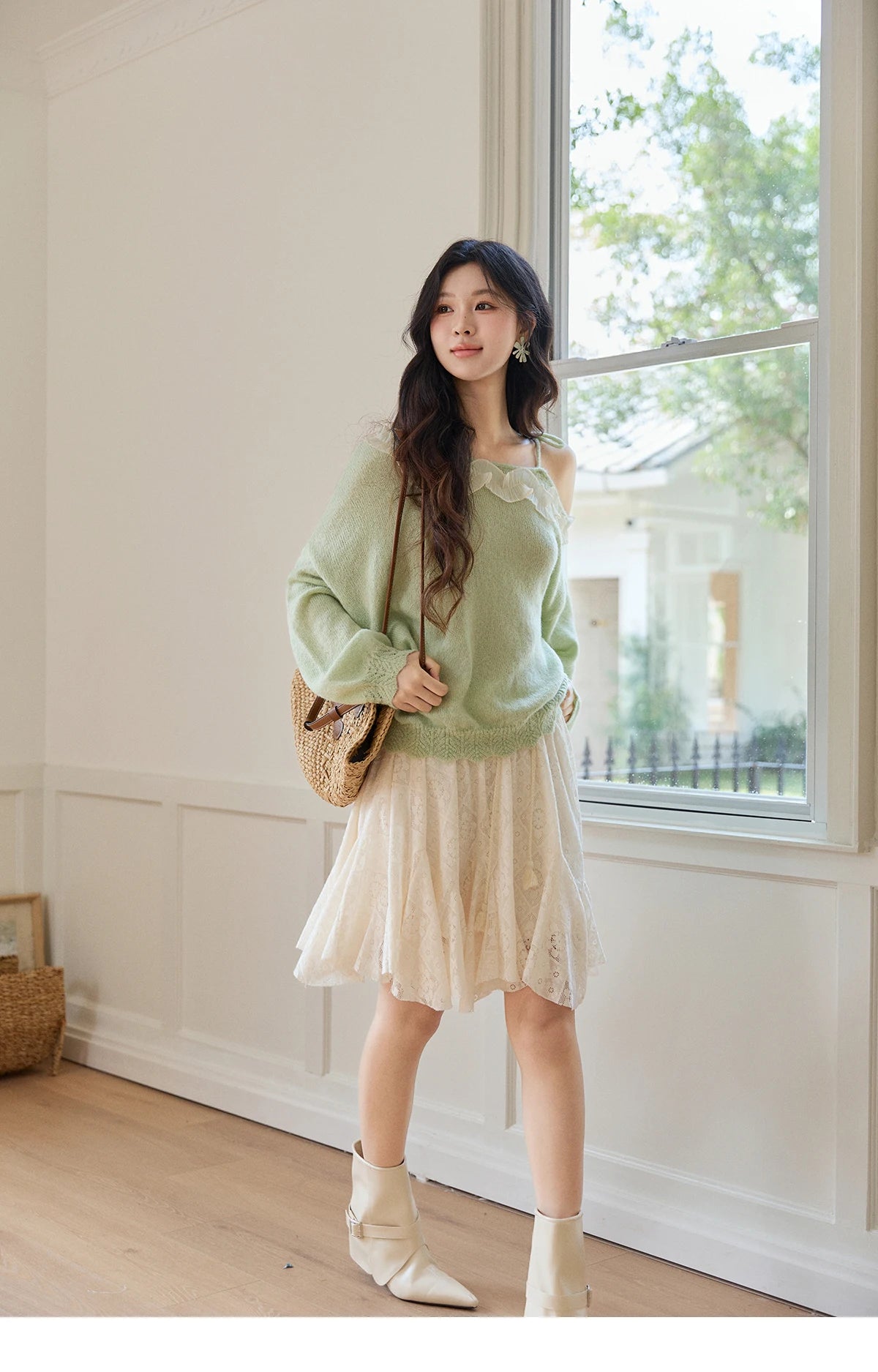 Mishow Light Green Asymmetrical Exposed Shoulder Top MXF108Z1027