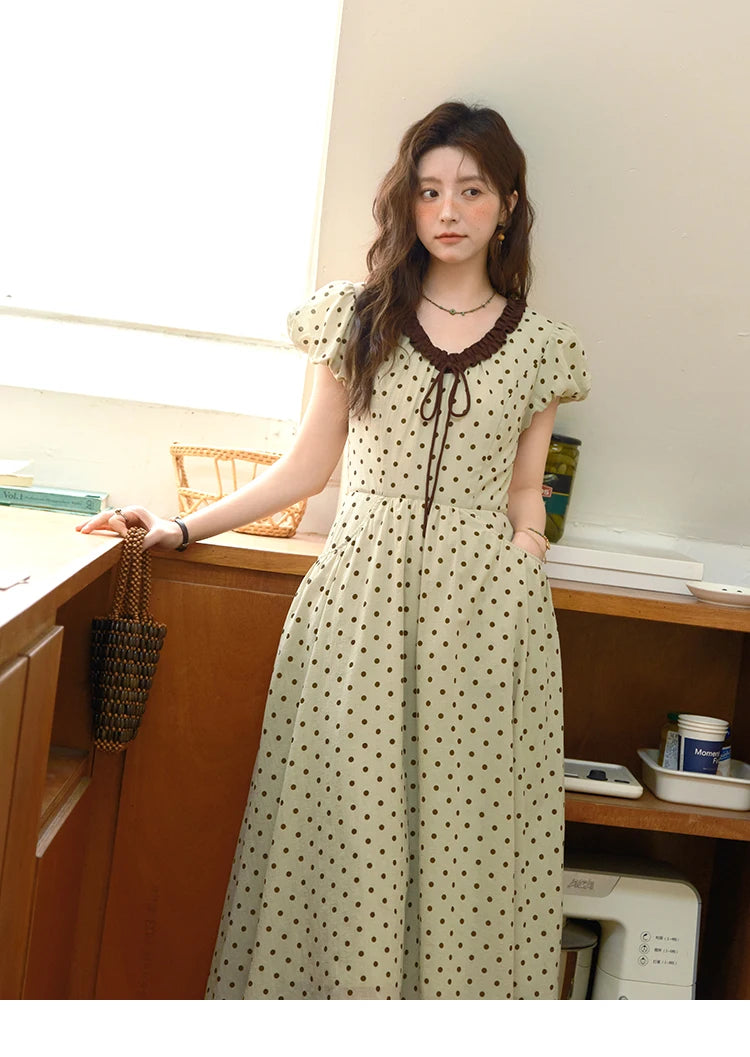 Mishow Polka Dot V-Neck Lace Up Puff Sleeve Dress MXE39L2326