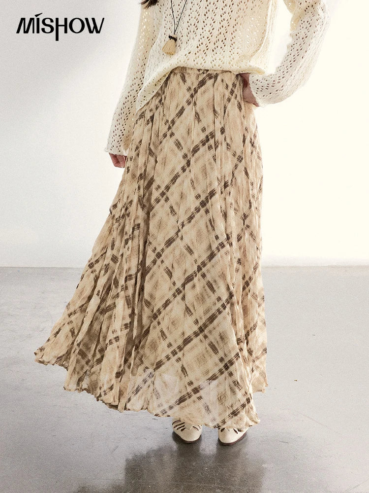 MISHOW Beige Plaid Maxi Skirt High Waist Flowy Elastic MXF108B0769