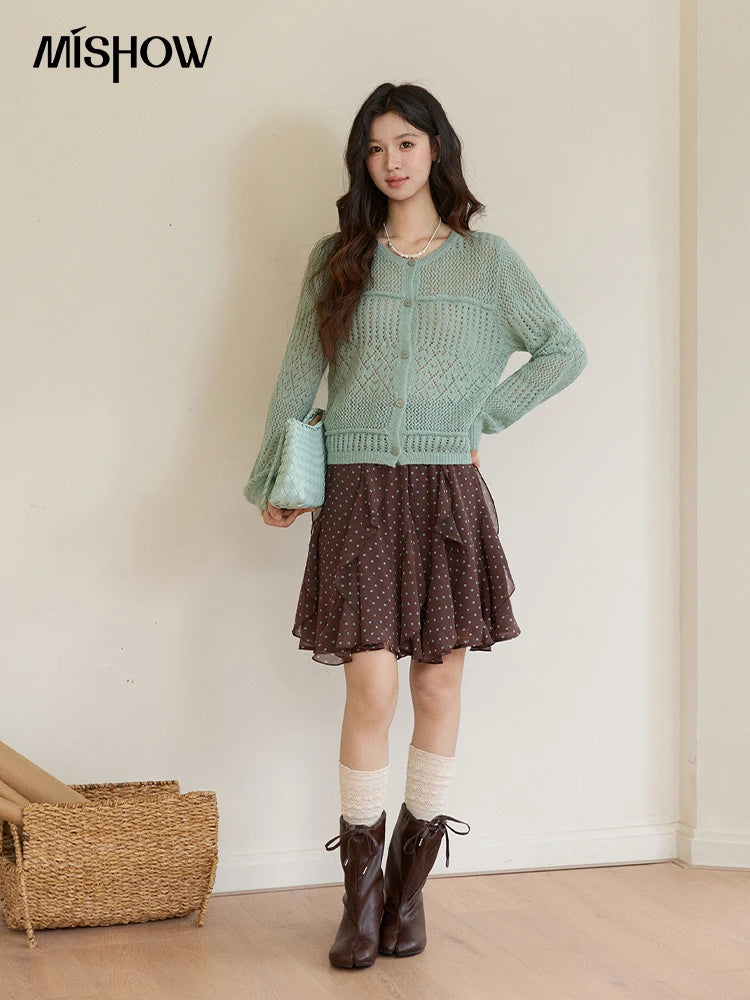 Mishow Mint Green Crew Neck Hollow Cardigan MXF108Z1046