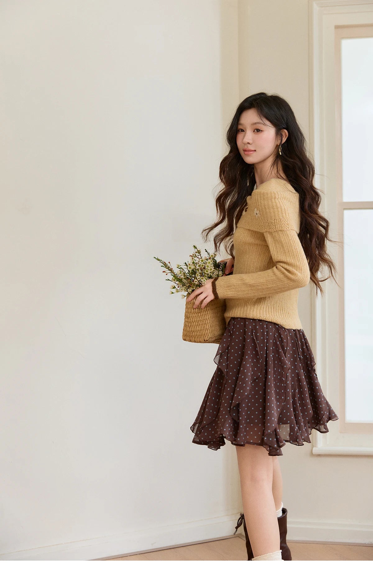 Mishow Brown Polka Dot Ruffled Chiffon Mini Skirt MXF13B2476