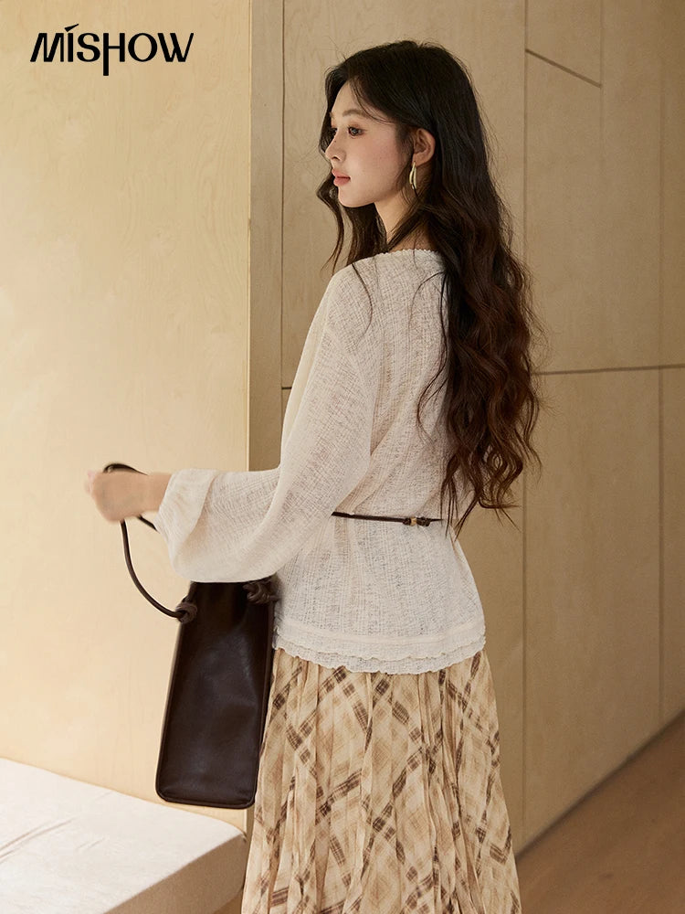 Mishow Lace Trim Boat Neck Knit Top with Belt MXF13Z3002