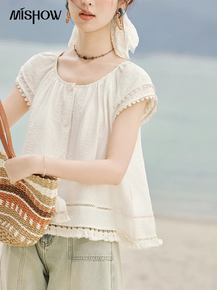 MISHOW Embroidered French Shirt Round Neck Short Sleeve MXE33X1744