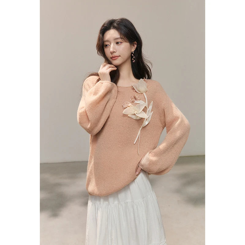 Mishow Pinkish Beige 3D Floral Applique Crew Neck Sweater MXE47Z2649