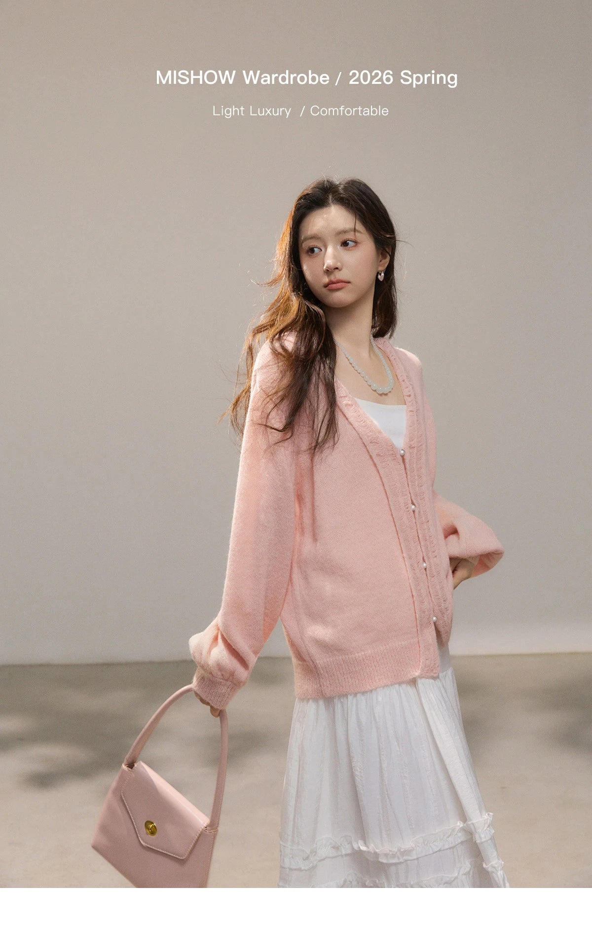 Mishow Pink Ruffled Pearl Button V-Neck Cardigan MXF108Z1028