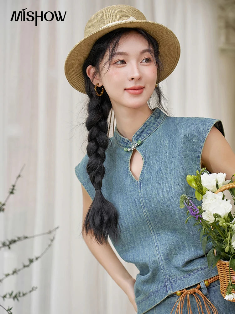 Mishow Chinese Stand Collar Vest & Pleated Denim Skirt Set MXD21X1465