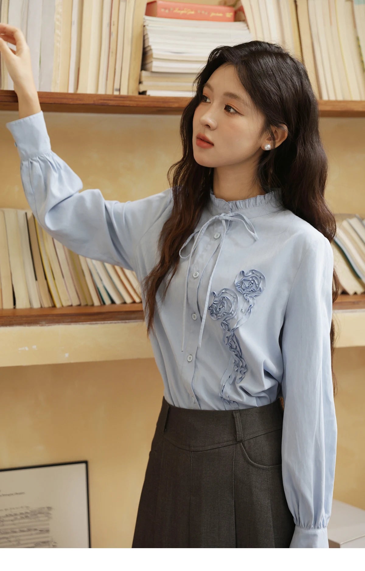 MISHOW Coiled Flowers Embroidered Blue Shirt MXE44C2398