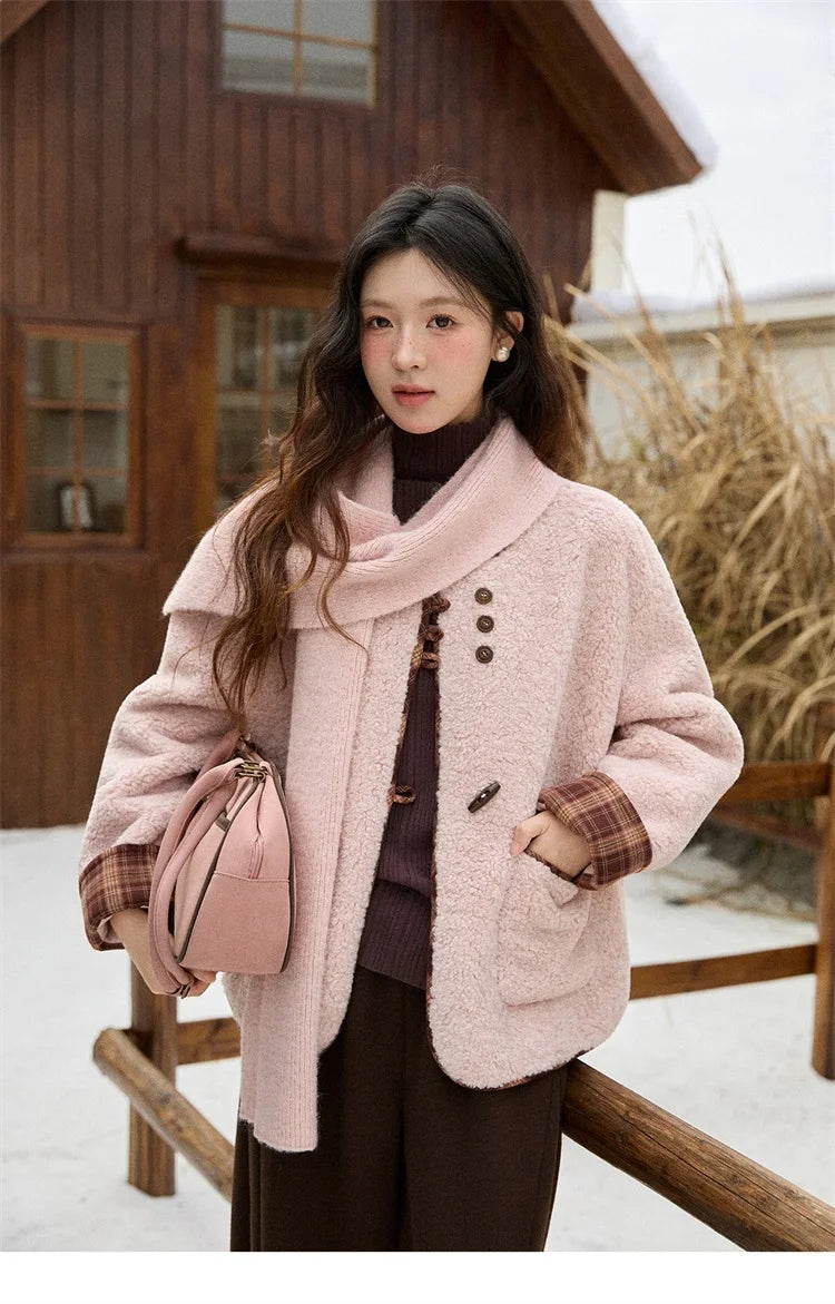 Mishow Plaid Patchwork Lamb Wool Round Neck Coat MXE90W0923