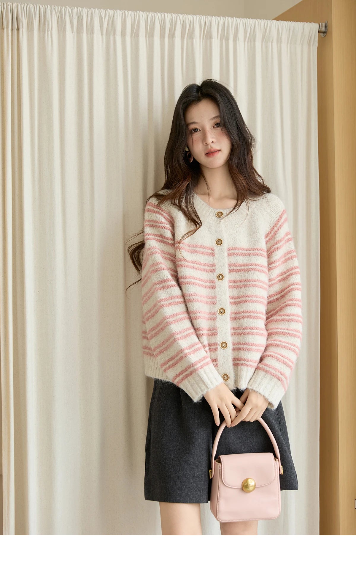 Mishow Pink Striped Wool Blend Cardigan MXE49Z2615