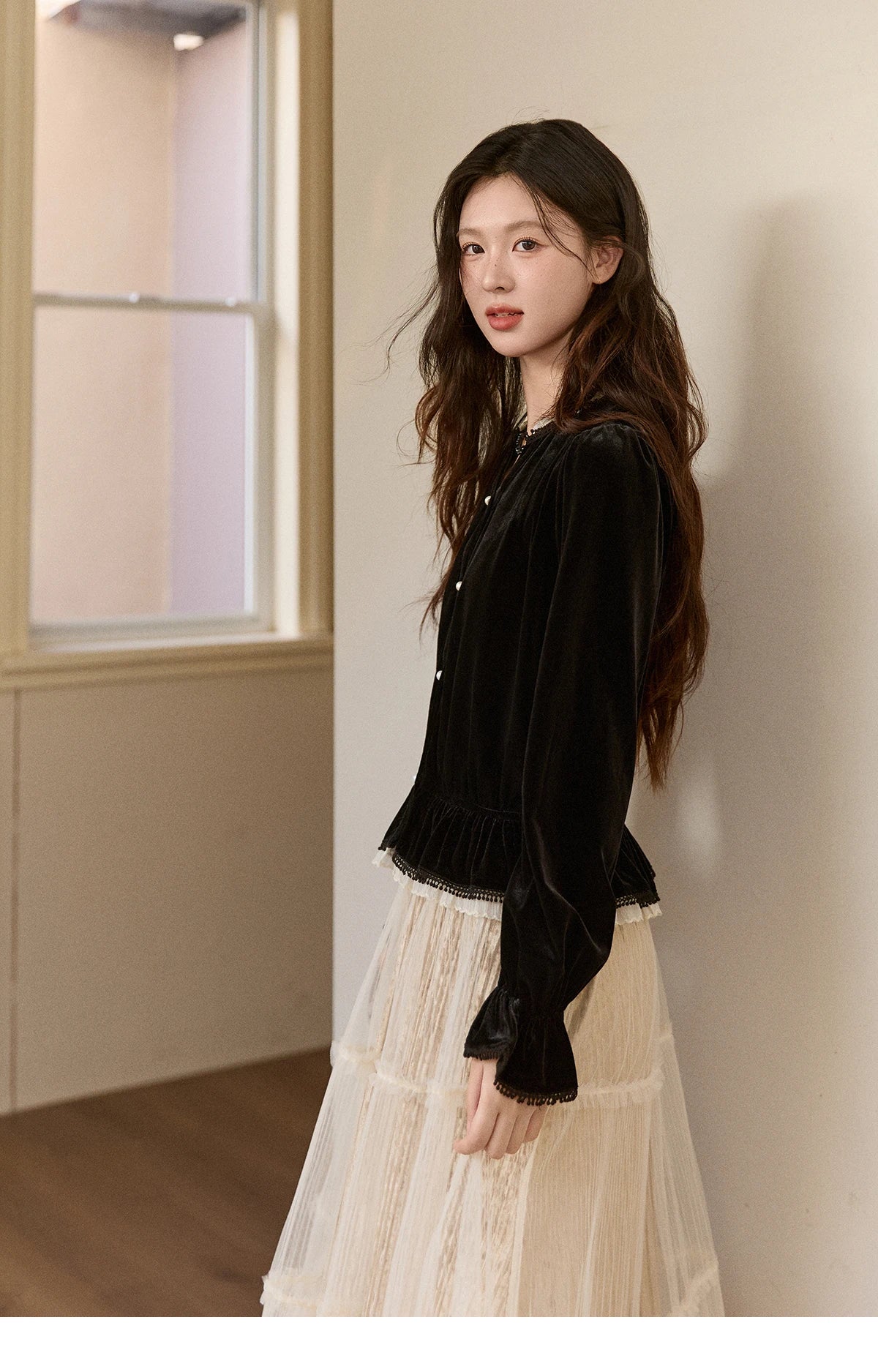 Mishow Black Velvet Lace Pearl Button Puff Sleeve Shirt MXE94X2516