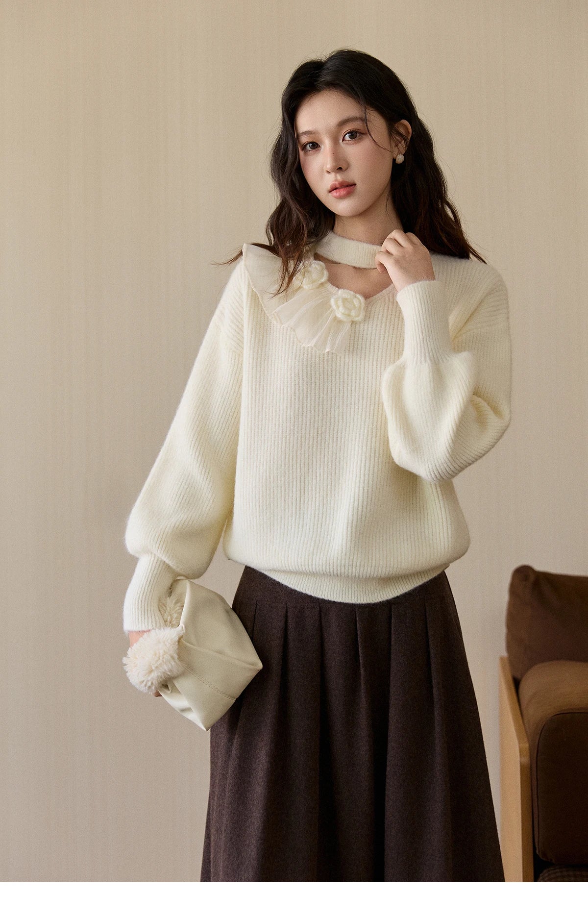 Mishow Cutout Neck Ruffle Flower Lantern Sleeve Pullover MXE94Z2982