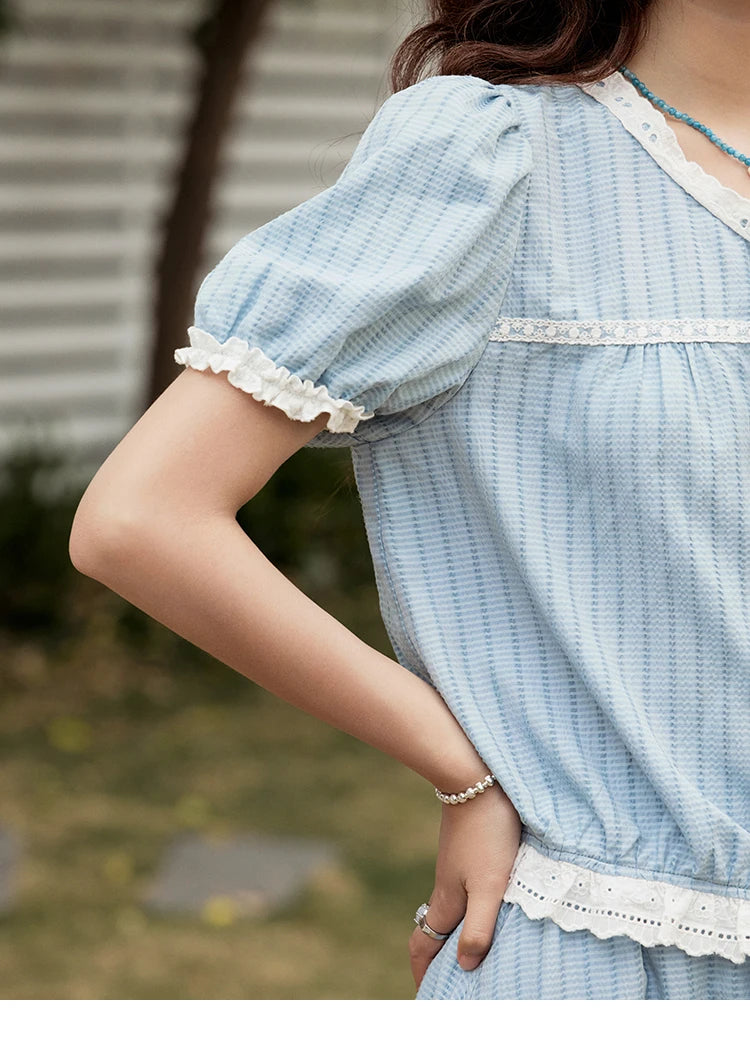 Mishow Blue Stripe V-Neck Top & A-Line Skirt Set MXE31T0531