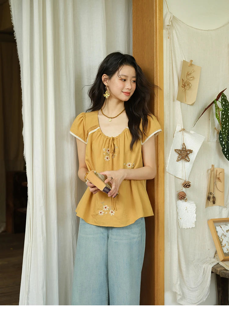 MISHOW Embroidery Flower Blouse O-Neck Lace Up Flying Sleeve MXE39X1880