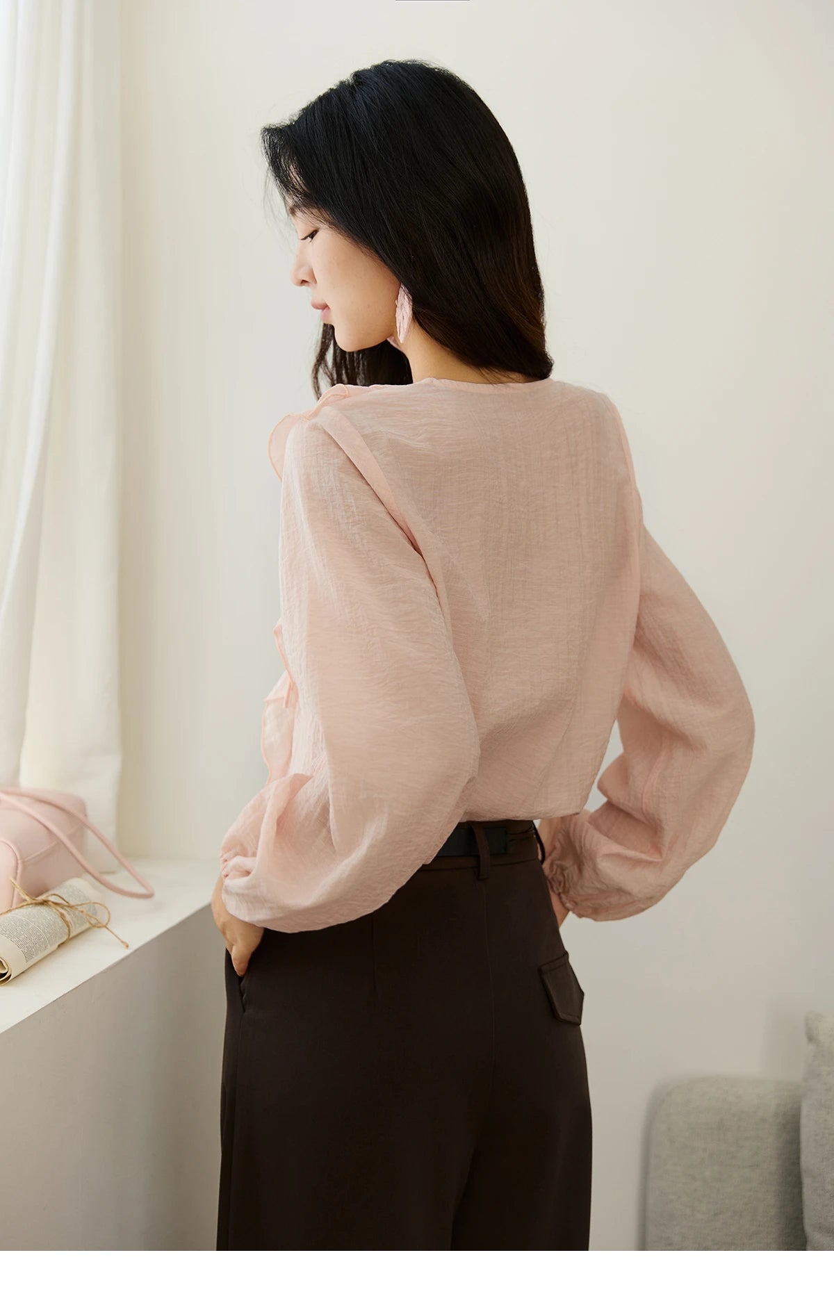 MISHOW Pink Ruffled Blouse V-Neck Lace Up Lantern Sleeve MXE49X2504