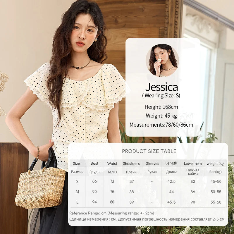 MISHOW Apricot Polka Dot Shirt Ruffle Edge Patchwork Lace MXE34X1783