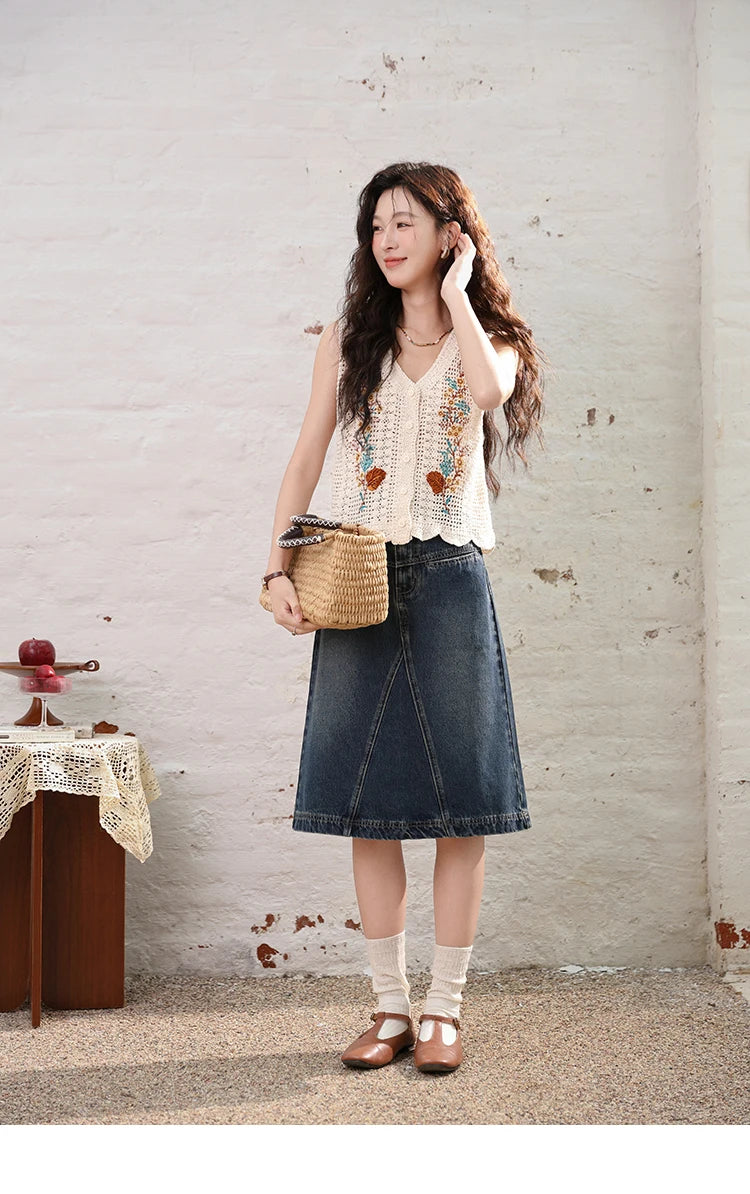 MISHOW Denim Fishtail Skirt Love Embroidered Pockets A-Line MXD28B0414