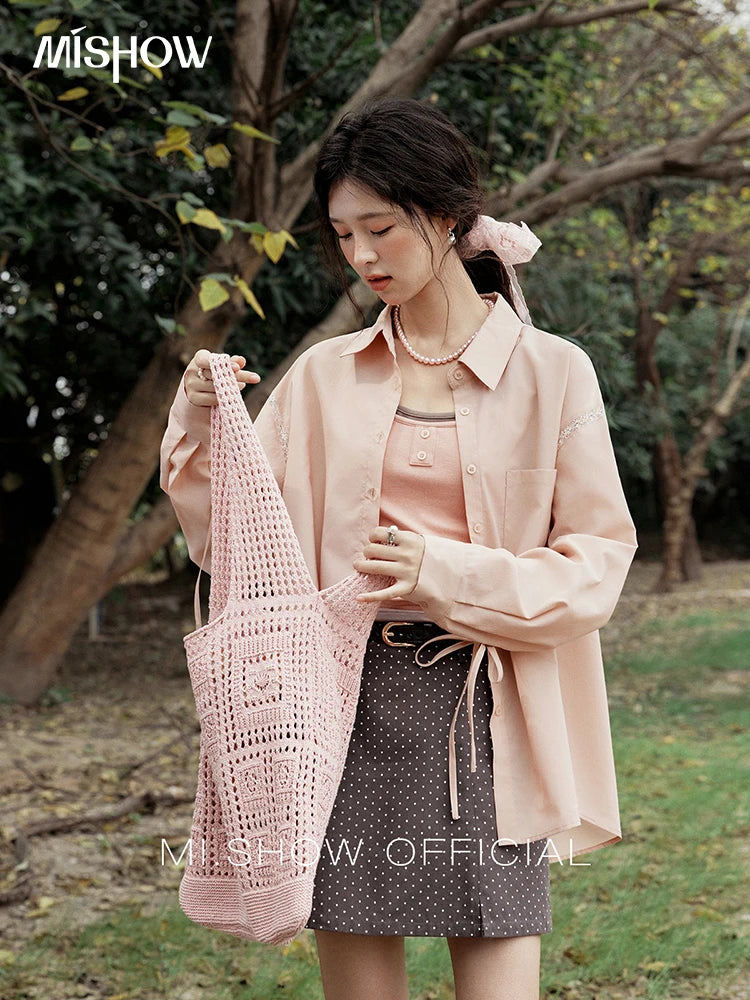 MISHOW Pink Long Sleeve Shirt Lace Bow Tie MXE16C0767