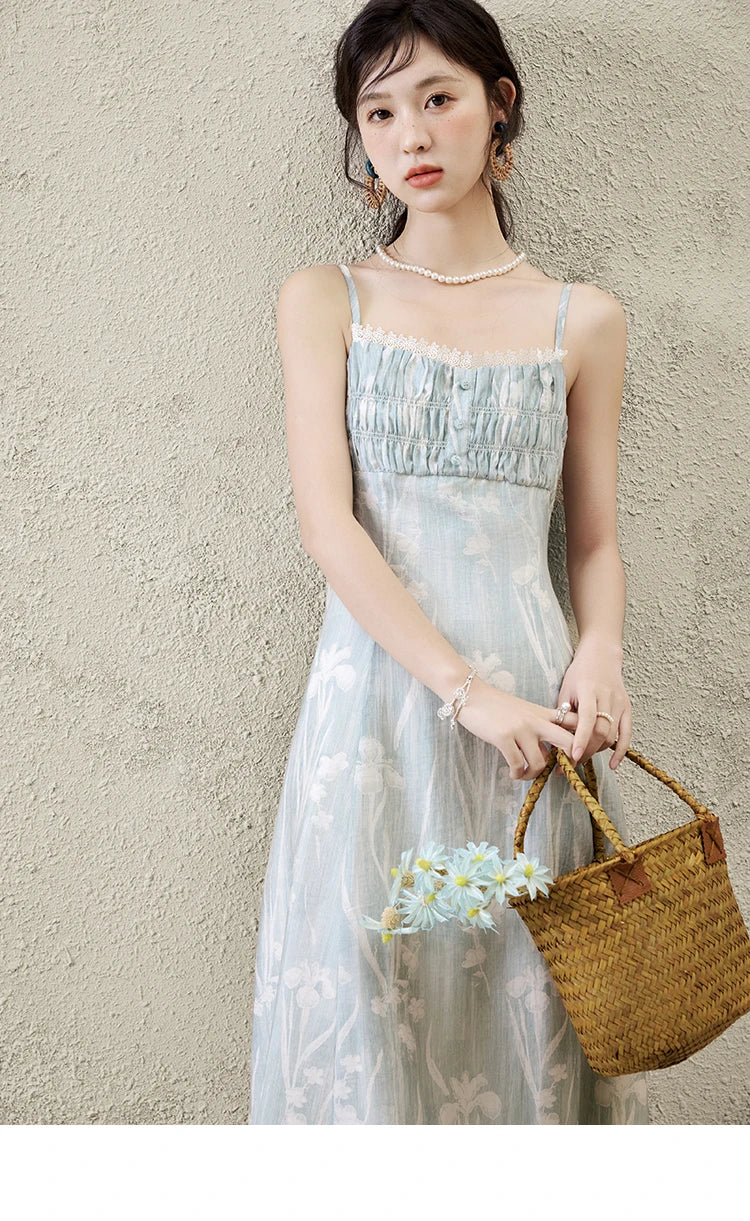 Mishow Print Square Collar Sleeveless Suspender Dress MXE16L2127