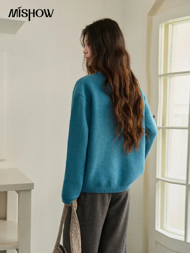 Mishow Peacock Blue Jacquard Loose Sweater MXE86Z2751