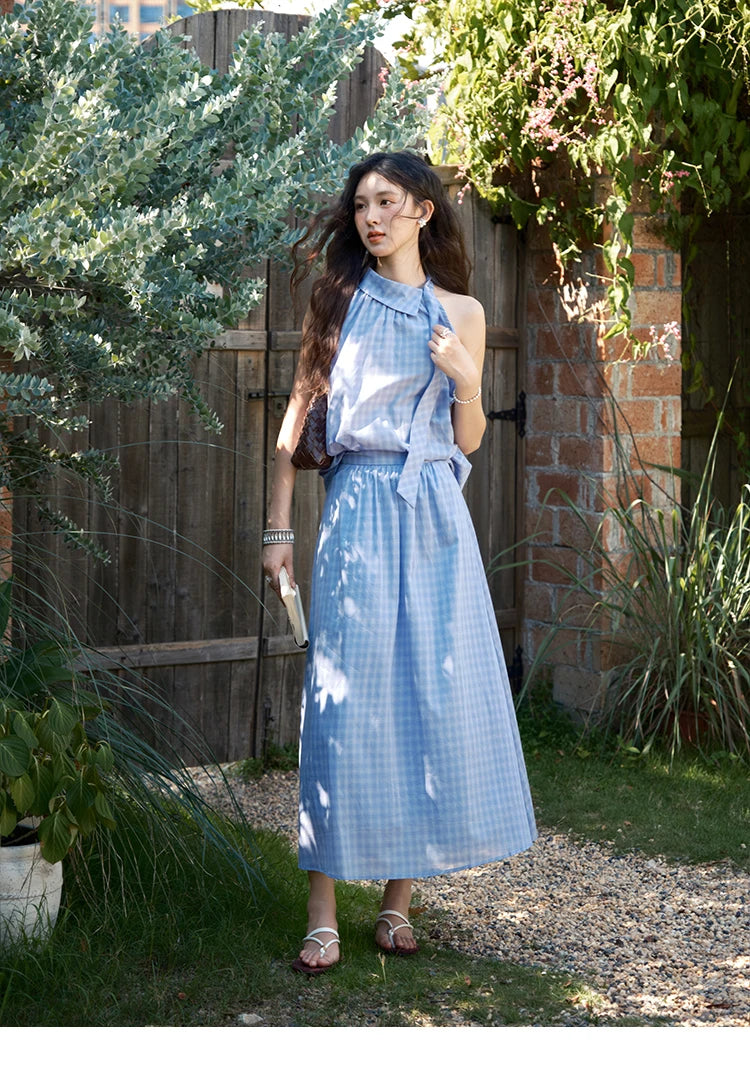 Mishow Plaid Hanging Neck Button Top & A-Line Skirt Set MXE39T0711