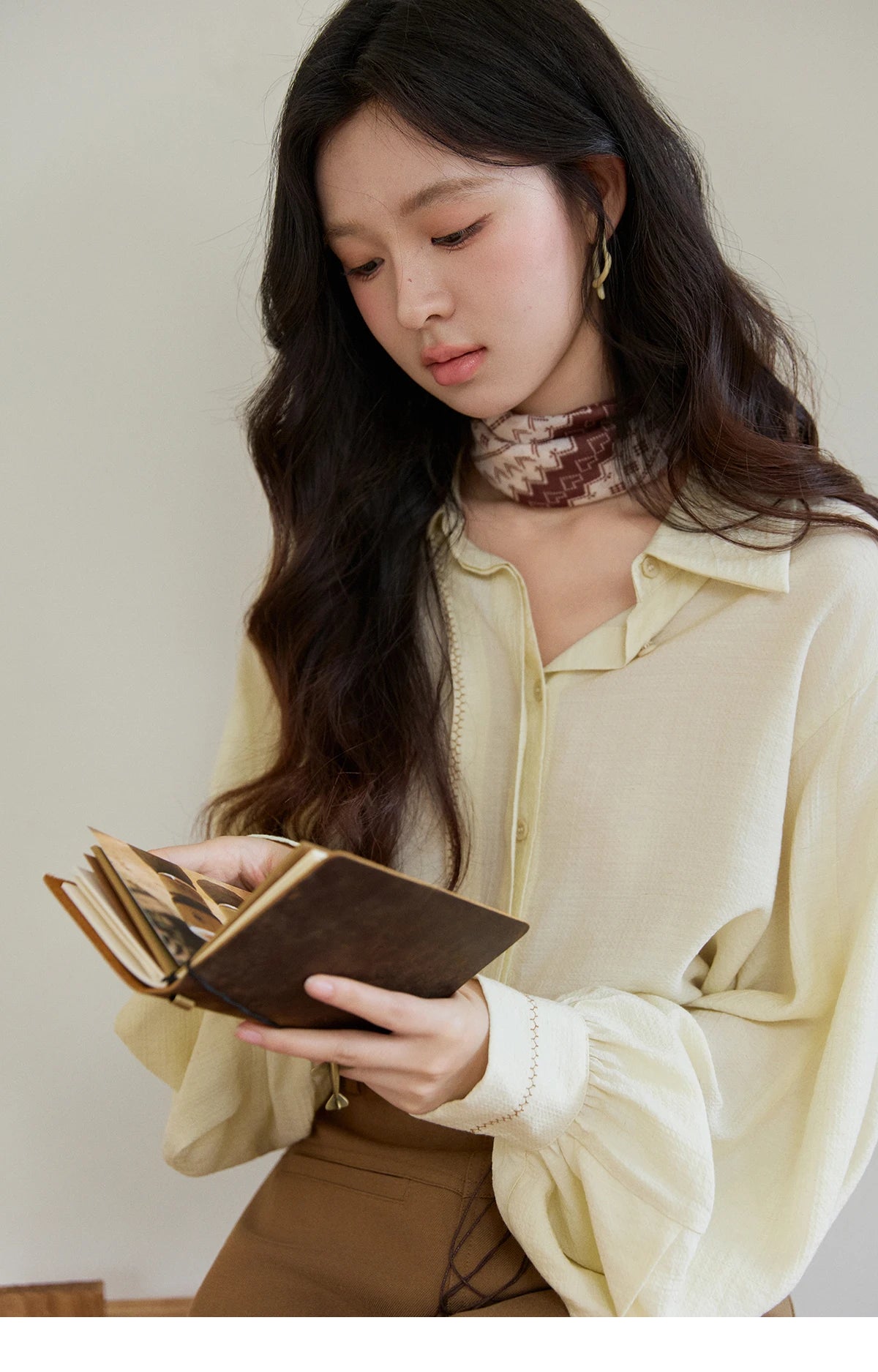 MISHOW Lapel Lantern Sleeve Shirt Lace Trim Loose MXF13C2436