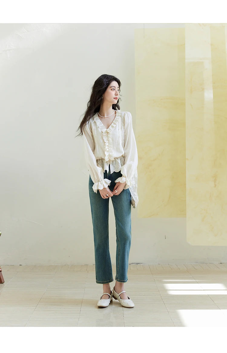 MISHOW V-Neck Long Sleeve Blouse Solid Loose Fold Detail MXE14X1732