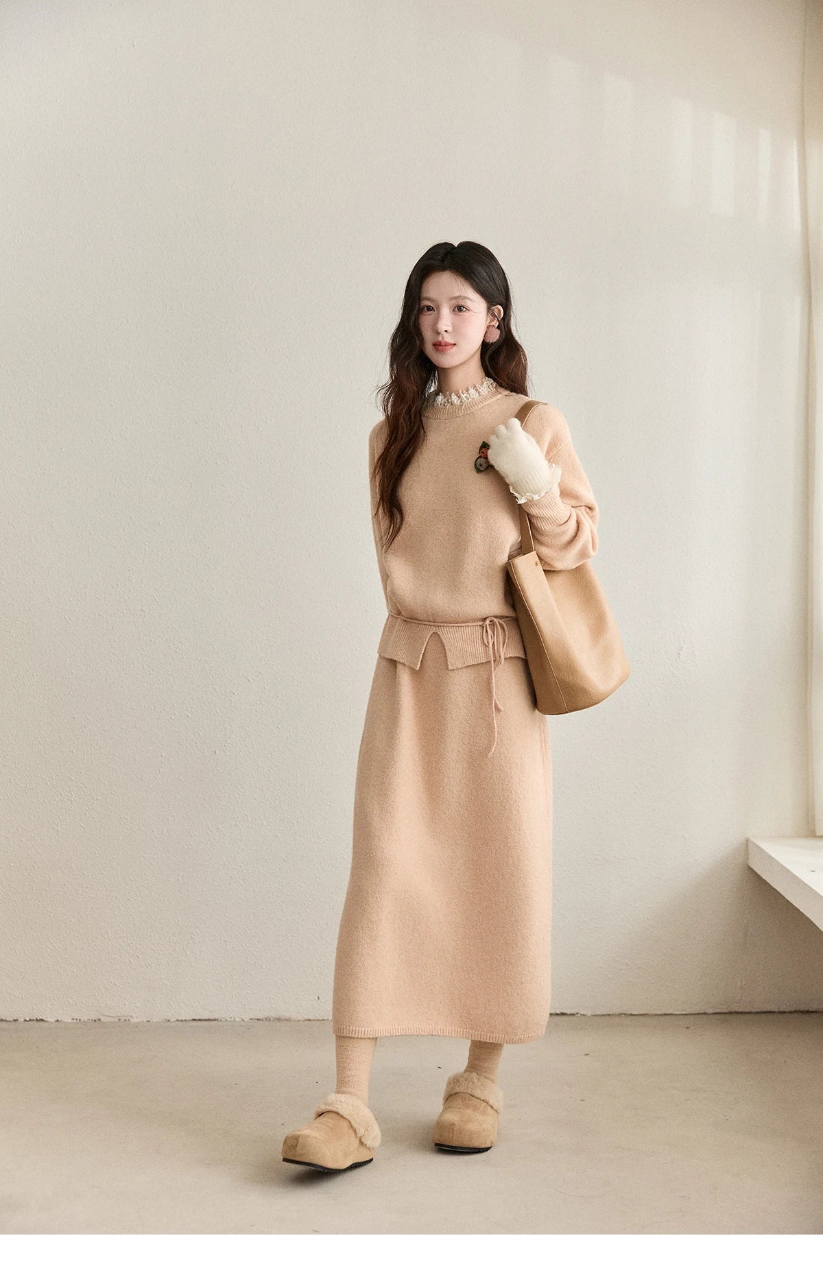 Mishow Lace Trim Knit Sweater & Back Split Midi Skirt Set MXE92T1450