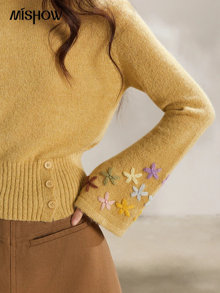 Mishow Yellow Floral Embroidered Boat Neck Flare Sleeve Top MXE94Z2864