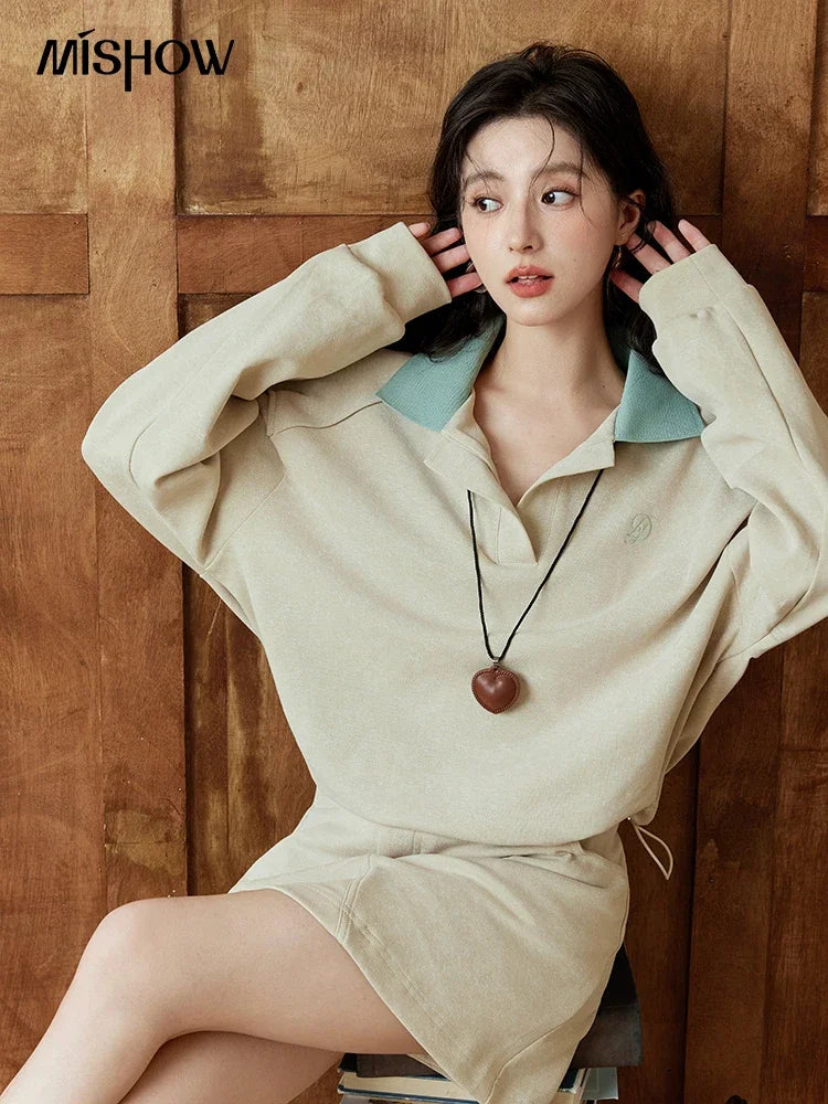 Mishow Polo Neck Sweatshirt & Contrast Letter Skirt Set MXD44V0097