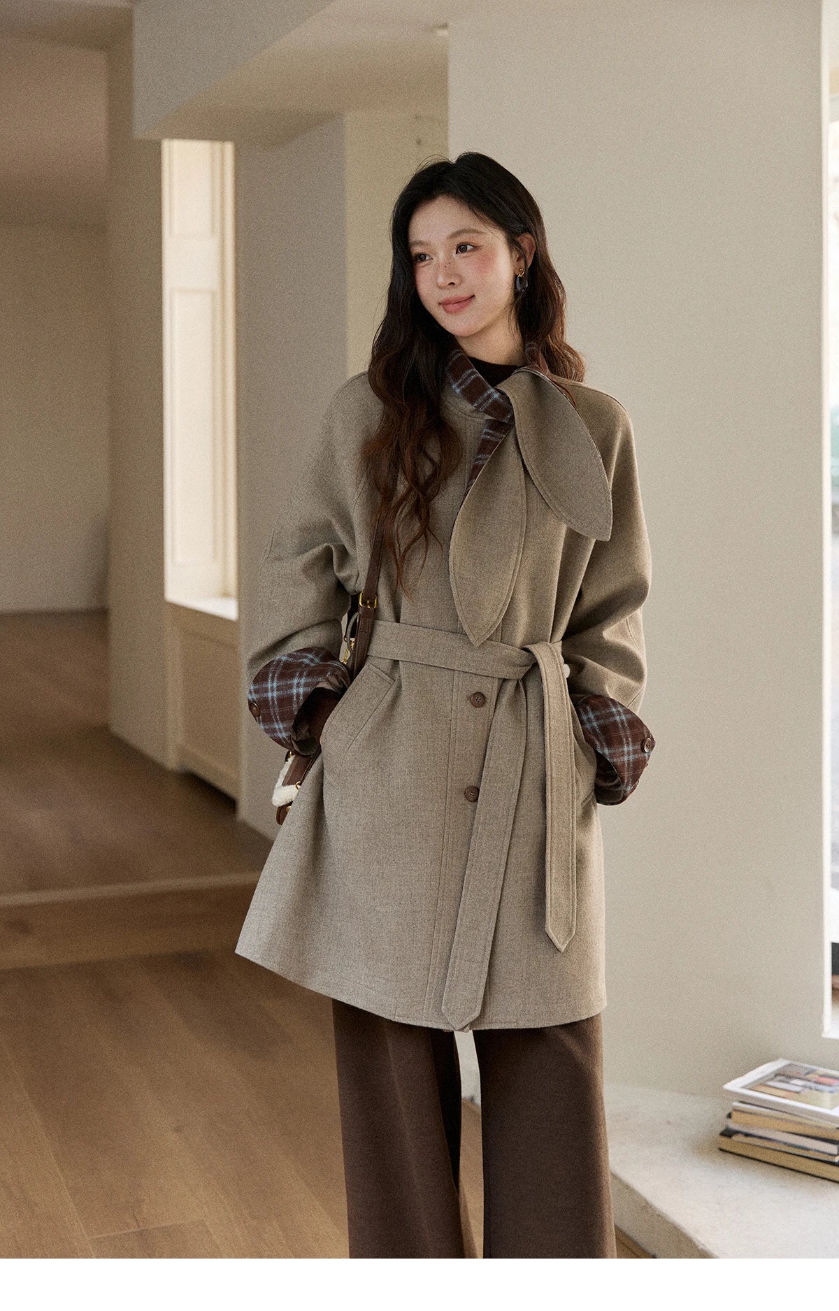 Mishow Retro British Plaid Rabbit Ear Tie Woolen Coat MXE90W0924