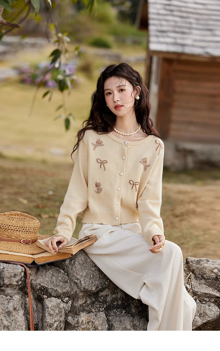 Mishow Yellow Dog Bow Jacquard Pearl Button Sweater MXE13Z1197