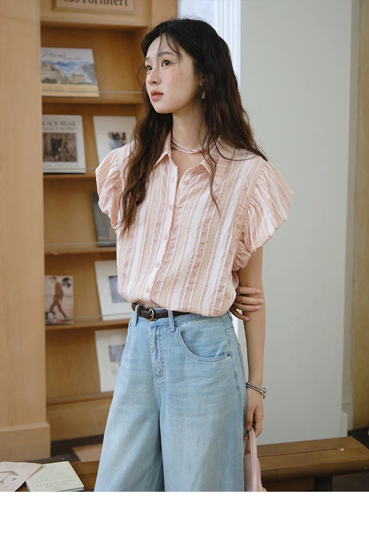 MISHOW Pink Turn-Down Collar Shirt Flower Bud Sleeve Striped MXD24C0204