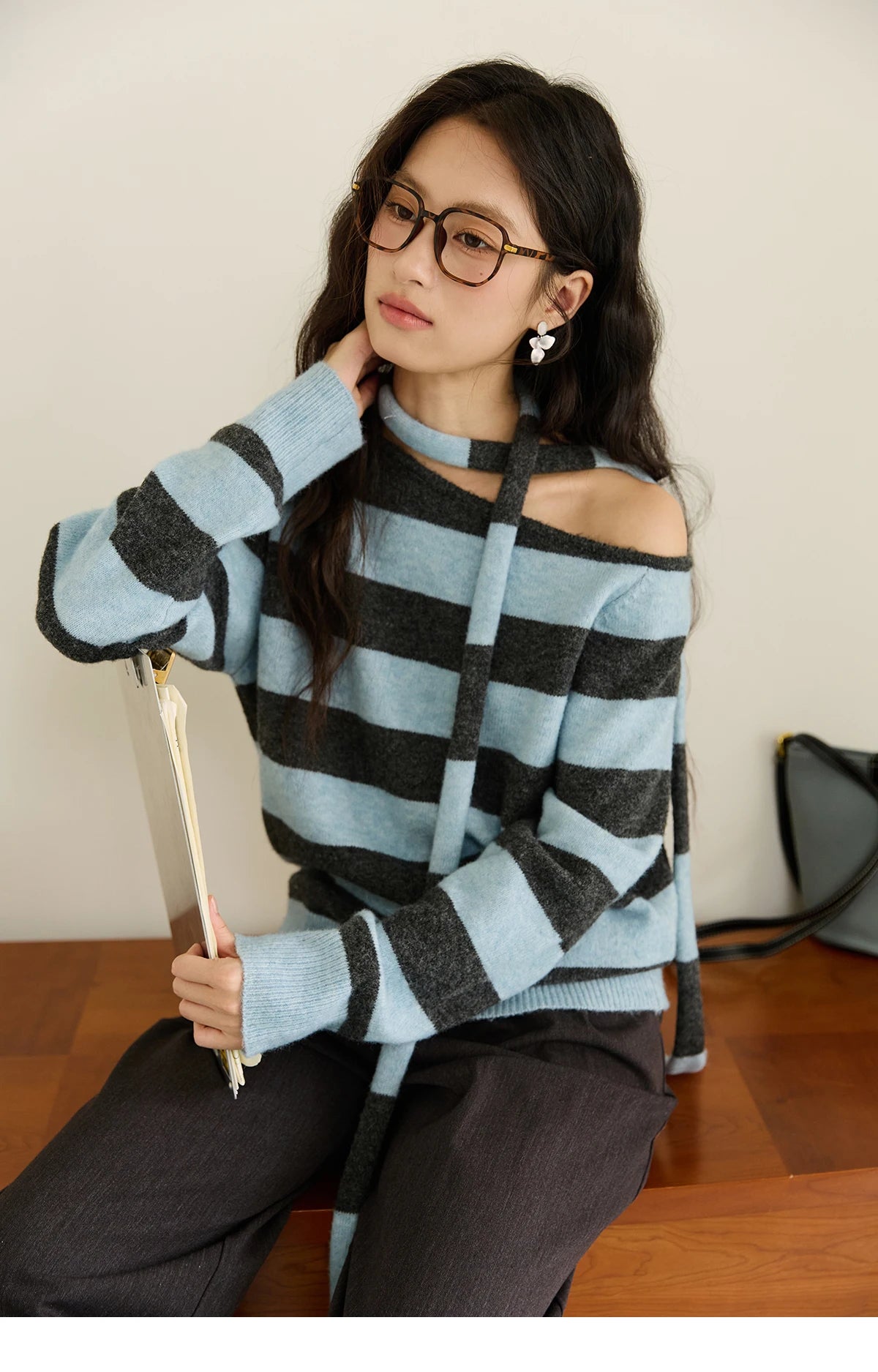Mishow Blue Gray Slanted Shoulder Ribbon Sweater MXE46Z2540