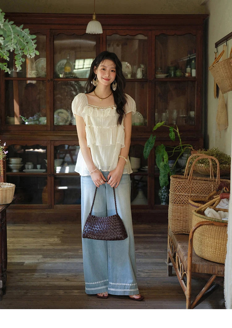 MISHOW Square Collar Puff Sleeve Tiered Blouse MXE33X1763