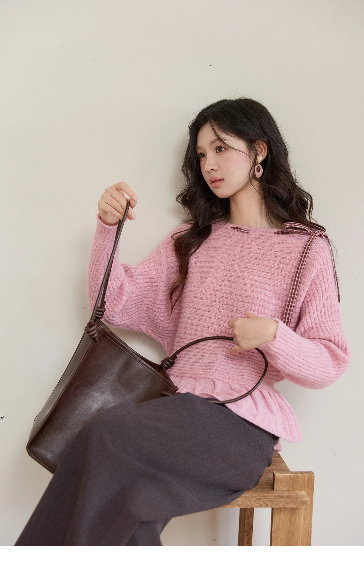 Mishow Pink Plaid Bow Peplum Ribbed Sweater MXF11Z3016