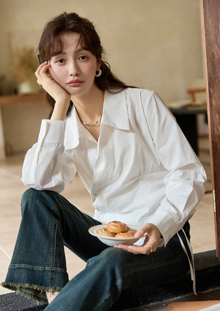 MISHOW French Side Placket Asymmetric Shirt Pleated Waist Lapel MXD45C0357