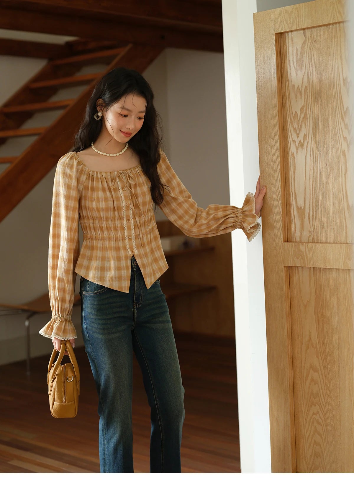MISHOW Yellow Plaid Blouse Square Neck Puff Sleeve MXE43X1986