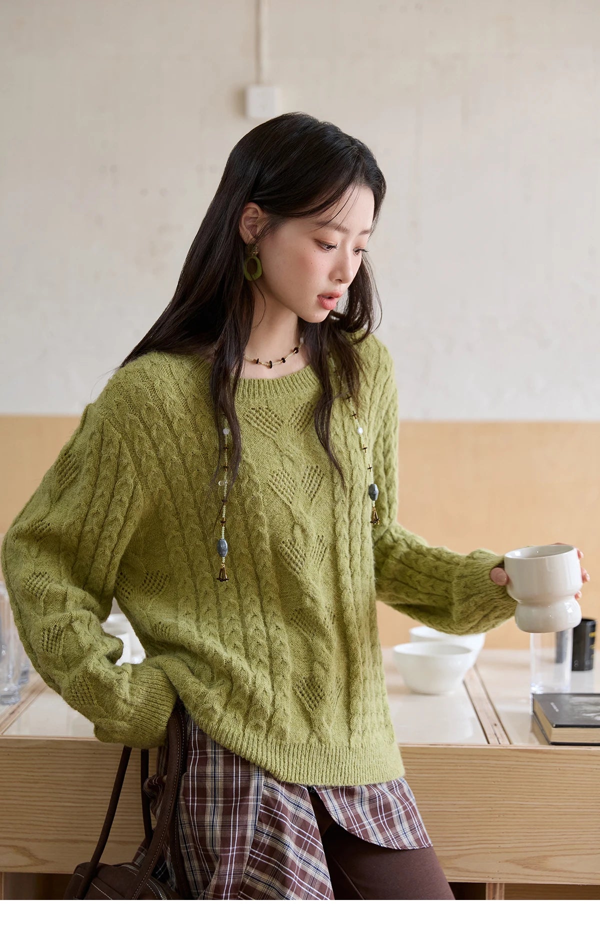 Mishow Green Retro Twisted Rope Hollow Pullover MXE49Z2520