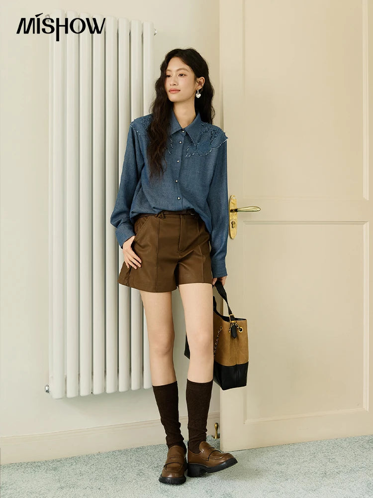 MISHOW Blue Shirt Hollowed Out Patchwork Embroidery Imitation Denim MXE46C2410