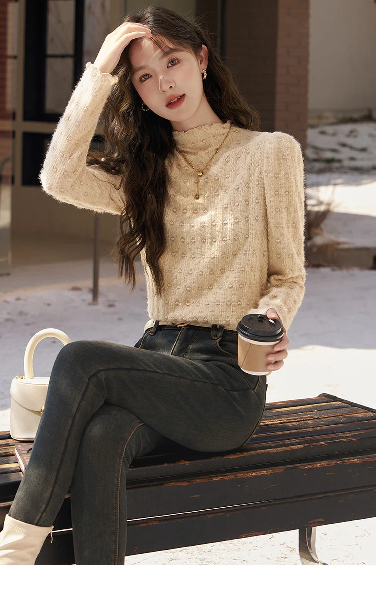 Mishow Lace Mock Neck Bottoming Shirt MXC58Z0481