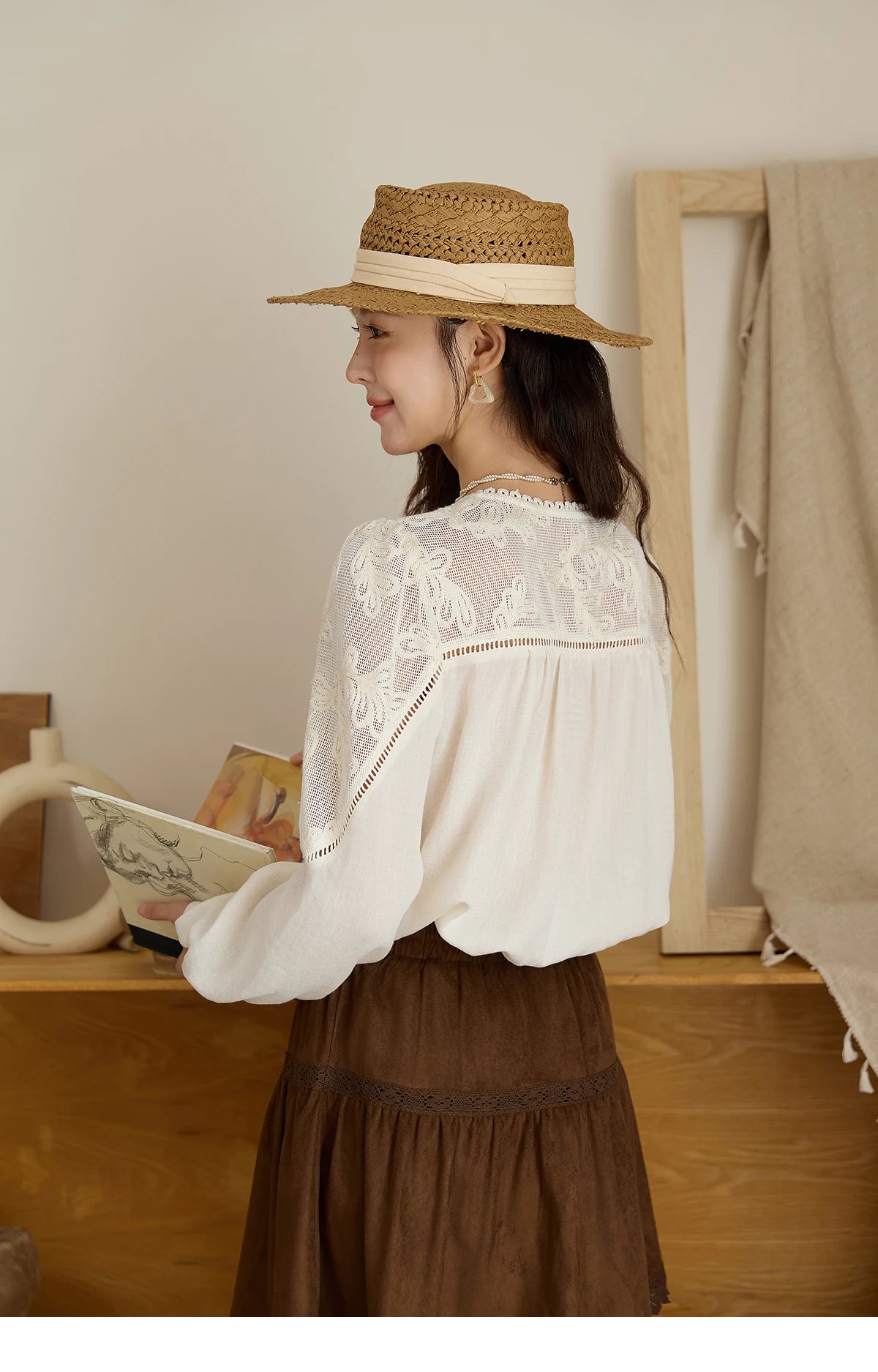 MISHOW Beige Hollow Out Embroidery Shirt O-Neck MXE44X2498