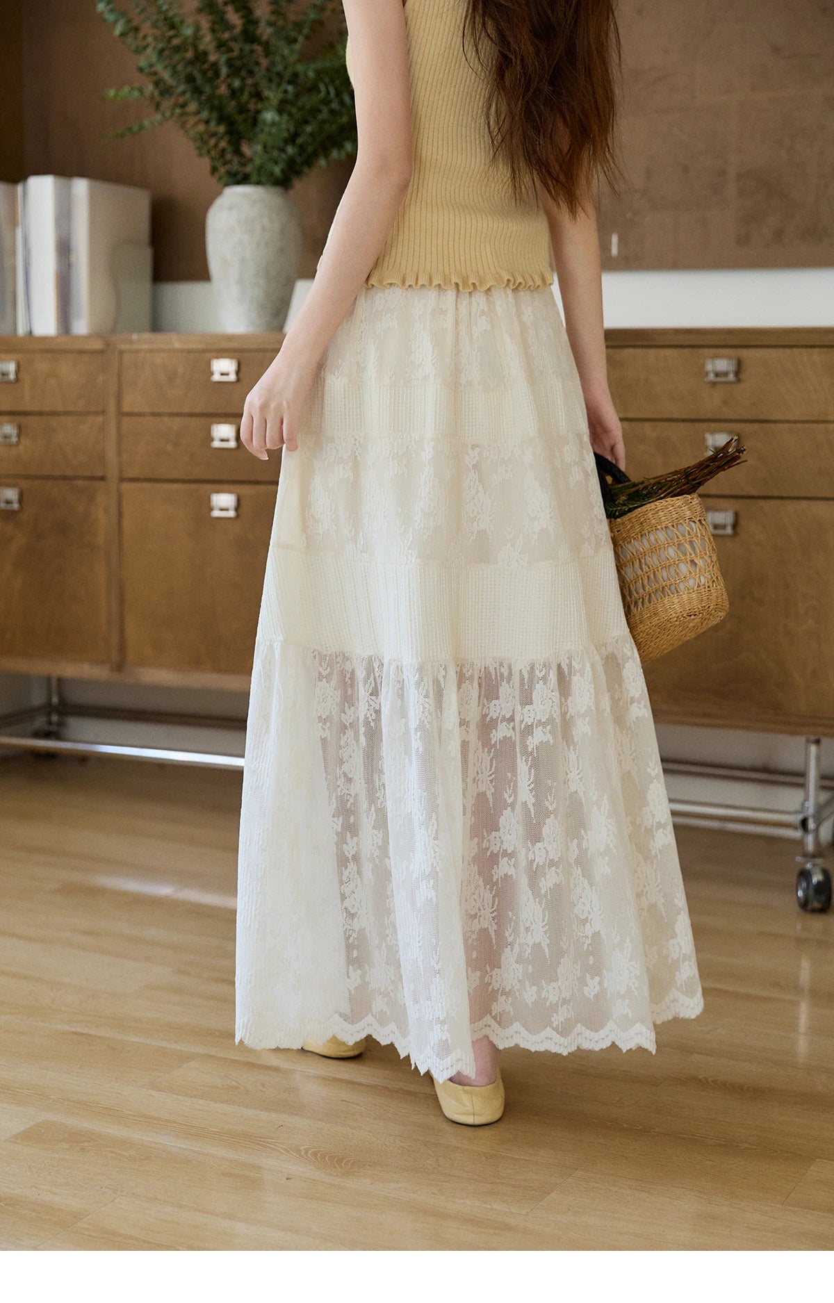 MISHOW Cream Lace Maxi Skirt Floral Embroidery Tiered Ruffled MXF11B2462