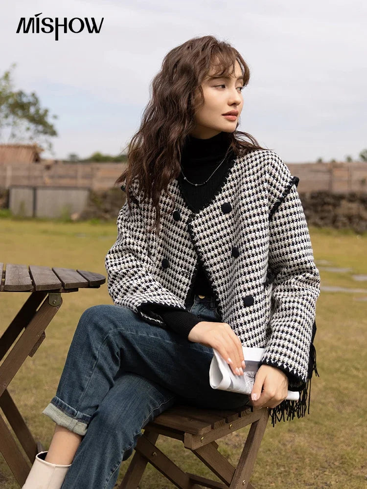 Mishow Elegant Plaid Wool Blend Short Coat MXB42W0479