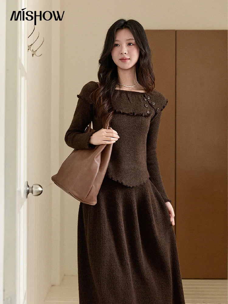 Mishow Coffee Ruffle Boat Neck Top & A-Line Skirt Set MXE93T1455