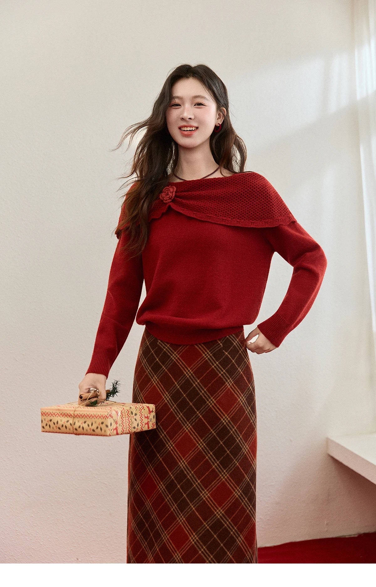 Mishow Christmas Red 3D Flower Alpaca Sweater MXE94Z2889