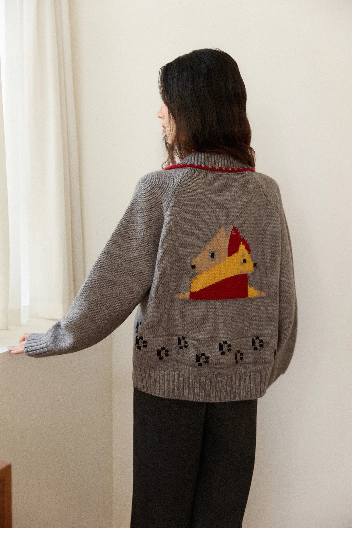 Mishow Dog Cartoon Jacquard Turn-Down Cardigan MXE86Z2727