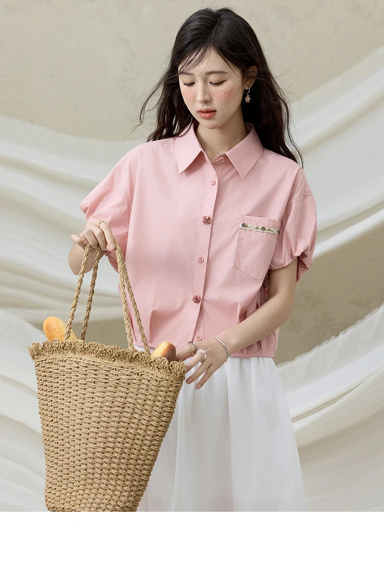 MISHOW Short Puff Sleeve Blouse Turn Down Collar Shell Ribbon MXE33C0773